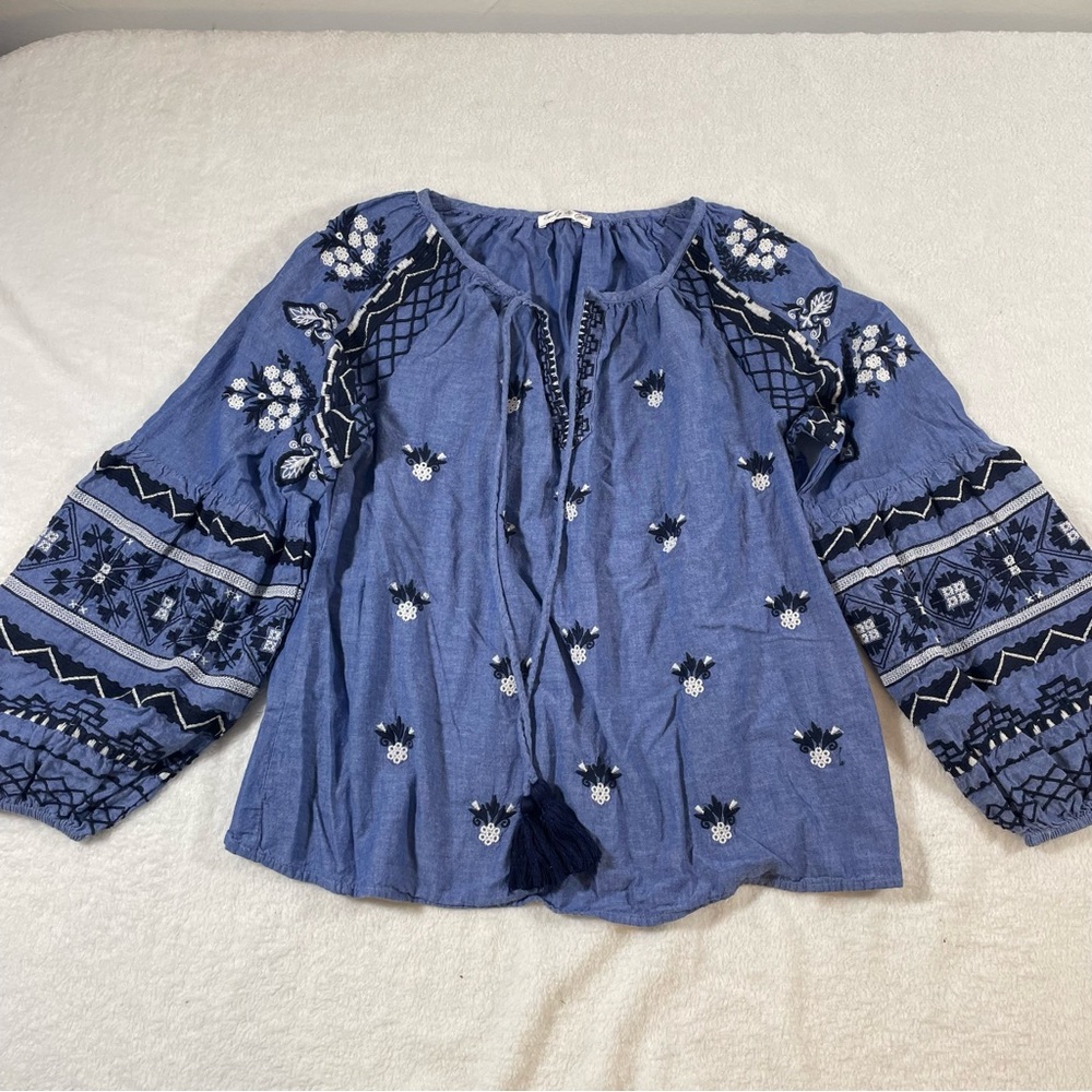 Lucky & Coco Embroidered Blue Long Sleeve Top with Tassels